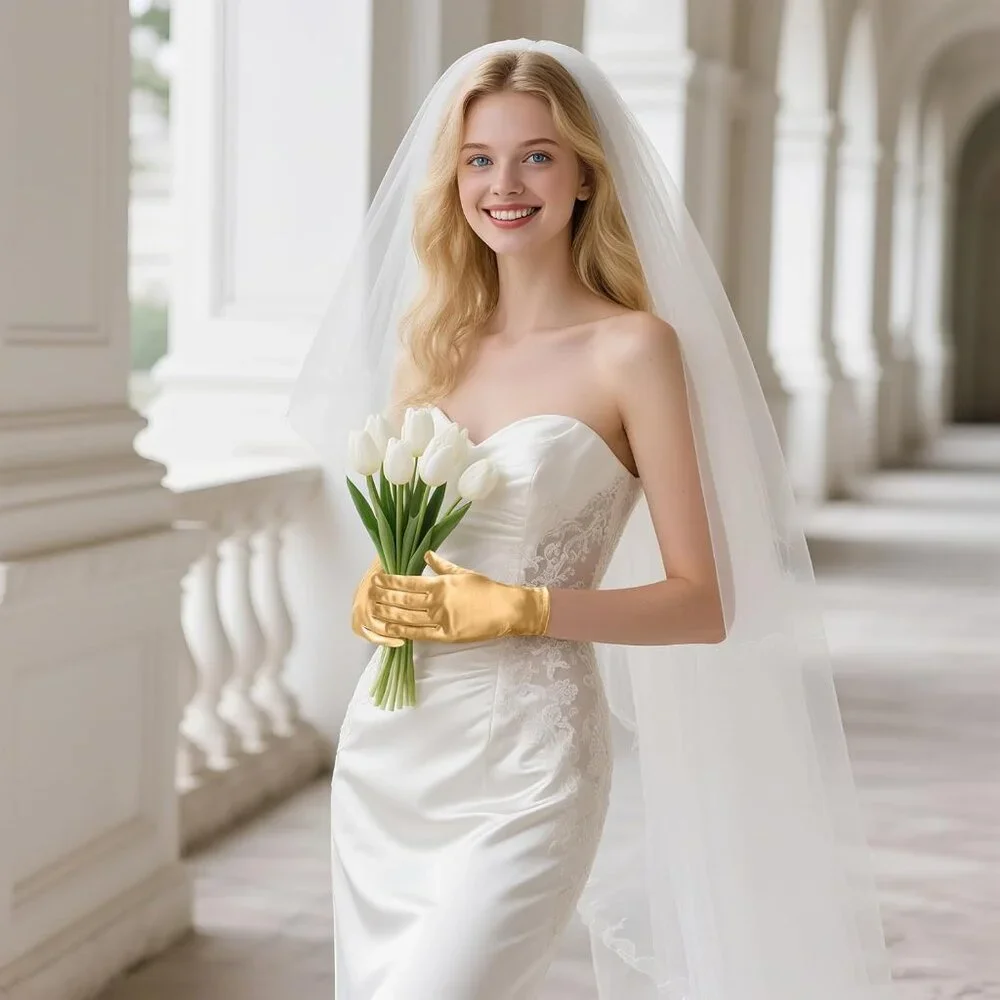 Women's Formal Short Gold Satin Gloves Bridal Wedding Banquet Party Costume